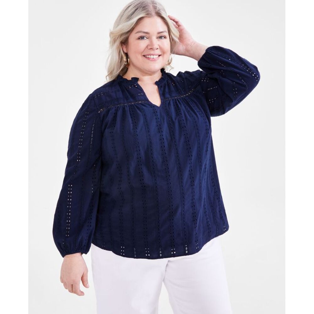 Style & Co. Plus Size Cotton Eyelet-Embroidered Split-Neck Top